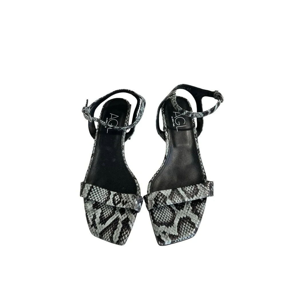 AGL Women's Angie Strap Sandals Size 41 Black Snakeskin‎ Block Heel 10